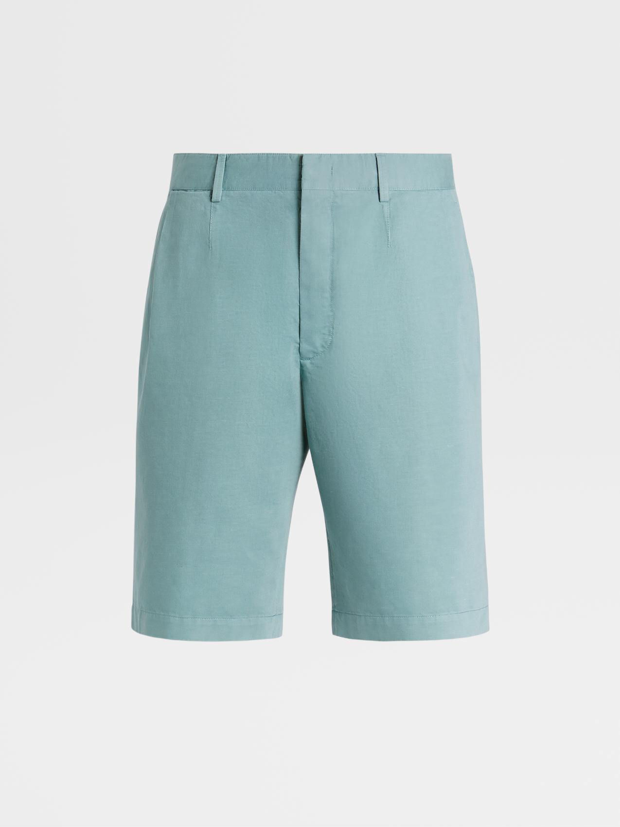 水绿色棉及亚麻夏季斜纹短裤
